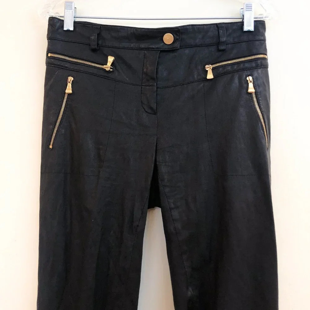 Escada Layla 100% Lamb Leather Gold Hardware Black Designer Skinny Pants ALTERED - Picture 4 of 15